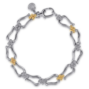 Gabriel & Co. TB5399MZJJJ sterling silver and 14 karat yellow gold Bujukan bracelet, front view of the open loops and bead clusters, closing on a lobster clasp with a maker's tag