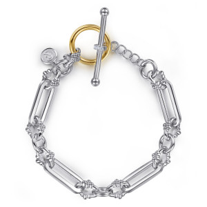 Gabriel & Co. TB5400MZJWS sterling silver and 14 karat yellow gold Bujukan bracelet, front view of a link chain with a toggle ring, extender chain and maker's tag