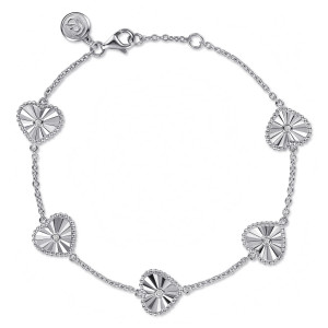 Gabriel & Co. TB5452SVJWS sterling silver Bujukan bracelet, front view of the looped chain with ridged hearts, a lobster clasp and a round maker's tag