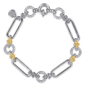 Gabriel & Co. TB5453-7MZJWS sterling silver and 14 karat yellow gold Bujukan bracelet, front view of paperclip links and pave circles, with a spring ring clasp and a maker's tag