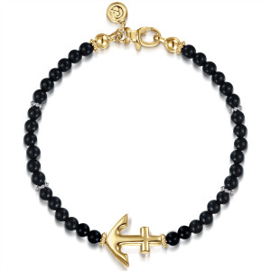 Gabriel & Co. TBM20038Y4JOX 14 karat yellow gold Bujukan men's beaded bracelet, front view of a round strand of black beads with an anchor and a lobster clasp