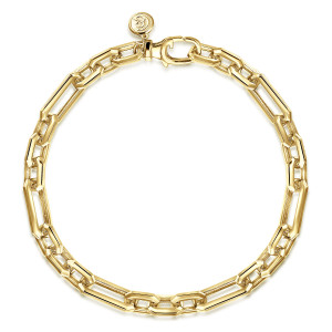 Gabriel & Co. TBM2035-85Y4JJJ 14 karat yellow gold Facets men's chain bracelet, top view of the full chain bracelet with an oval clasp ring and a round tag