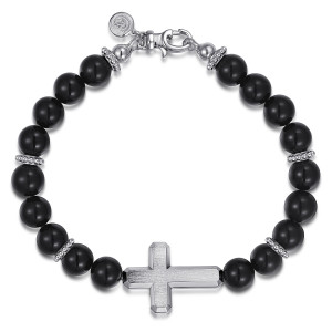 Gabriel & Co. TBM2037SVJOX sterling silver Bujukan men's beaded bracelet, front view of the full strand with spacer rings, a clasp and a round tag