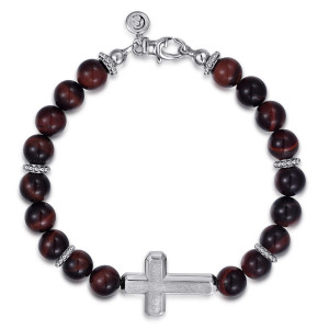 Gabriel & Co. TBM2037SVJTE sterling silver Bujukan men's beaded bracelet, front view of the beaded strand with a lobster clasp and a small round tag at the closure