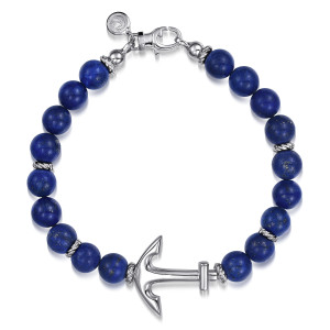 Gabriel & Co. TBM2039SVJLP sterling silver Bujukan men's beaded bracelet, top view of the full strand with the sideways anchor, the hook clasp and round tag