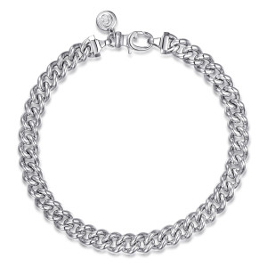 Gabriel & Co. TBM2074-75SVJJJ sterling silver Contemporary men's chain bracelet, front view of the full curb chain bracelet with the clasp and round tag at the top