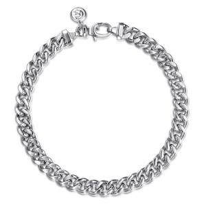Gabriel & Co. TBM2076-7SVJJJ sterling silver Contemporary men's bracelet, top view of a curb link chain bracelet with a flat ended clasp and a round tag