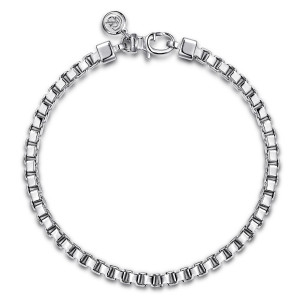Gabriel & Co. TBM2078-75SVJJJ sterling silver Facets men's chain bracelet, top view of the round chain lying flat with square end blocks and a small hanging disc