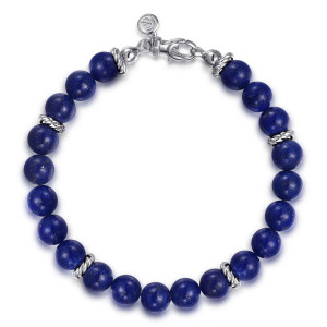 Gabriel & Co. TBM2080-7SVJLP sterling silver Bujukan men's beaded bracelet, top view of the full bracelet with twisted rings and a round maker's mark tag at the clasp