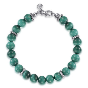 Gabriel & Co. TBM2080SVJMA sterling silver Bujukan men's beaded bracelet, top view of the full green bead strand with rope spacers and a clasp with a round tag