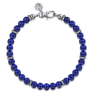 Gabriel & Co. TBM2086SVJLP sterling silver Bujukan men's beaded bracelet, top view of a full circle of deep blue beads with rope-textured spacers and a lobster clasp