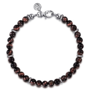 Gabriel & Co. TBM2086SVJTE sterling silver Bujukan men's beaded bracelet, front view of the full strand, banded beads, twisted spacer rings and a round tag at the clasp