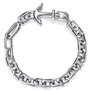 Gabriel & Co. TBM2088-75SVJJJ sterling silver Facets men's anchor bracelet, front view of the angular link bracelet with the anchor closure at the top