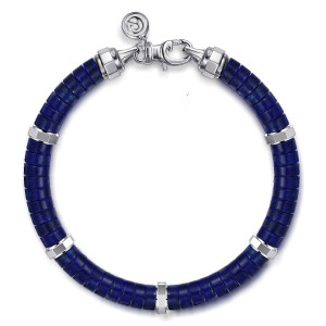 Gabriel & Co. TBM2091-75SVJLP sterling silver Contemporary men's beaded bracelet, top view of the full bracelet, with spacers spaced around the loop and the clasp at the top
