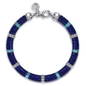 Gabriel & Co. TBM2092-75SVJMC sterling silver Contemporary men's beaded bracelet, top view of the full disc bead band with teal blue discs, ridged spacers and end caps