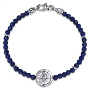 Gabriel & Co. TBM2095LPSVJMC sterling silver Polaris men's bracelet, top view of the compass medallion at the bottom with a lobster clasp at the top