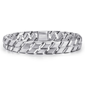 Gabriel & Co. TBM2122SVJJJ sterling silver Heritage Weave men's chain bracelet, front view of slanted satin links with polished edges and a flat plate at the closure