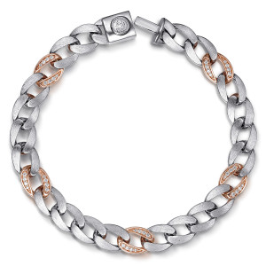 Gabriel & Co. TBM2125MJ5JJ sterling silver and 14 karat rose gold Contemporary men's chain bracelet, top view of the full chain bracelet showing warmer links set with diamonds and the clasp block