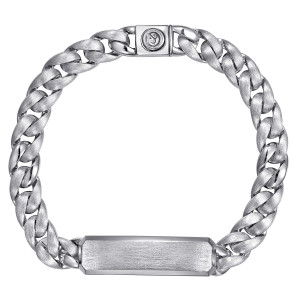 Gabriel & Co. TBM2126SVJJJ sterling silver Contemporary men's chain bracelet, front view of a brushed link bracelet with a blank plate and square clasp block