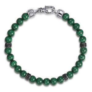 Gabriel & Co. TBM2129SVJMC sterling silver Bujukan men's beaded bracelet, top view of the whole strand with black stone spacers, end caps and an oval hook closure