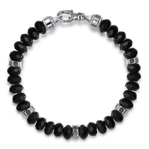 Gabriel & Co. TBM2130SVJOX sterling silver Bujukan men's beaded bracelet, top view of the whole strand with angular spacers and an oval hook closure between two end caps