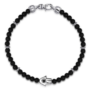 Gabriel & Co. TBM2131-75SVJMC sterling silver Bujukan men's beaded bracelet, top view of the matte bead loop with a hamsa charm low on the strand and a clasp