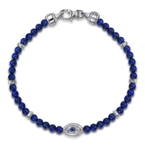 Gabriel & Co. TBM2132SVJMC sterling silver Bujukan men's beaded bracelet, front view of the bead loop with the eye motif low and the clasp at the top