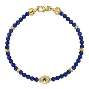 Gabriel & Co. TBM2132Y4JMC 14 karat yellow gold Bujukan men's beaded bracelet, top view of the full strand of deep blue beads, with faceted spacers and a lobster clasp