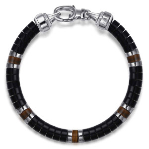 Gabriel & Co. TBM2133-7SVJMC sterling silver Contemporary men's beaded bracelet, top view of the full loop with black discs, brown bands and a lobster clasp between end caps