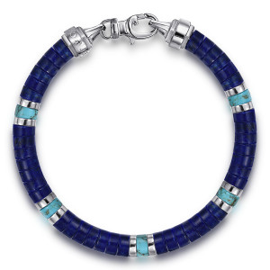 Gabriel & Co. TBM2134-7SVJMC sterling silver Contemporary men's beaded bracelet, top view of the full round with a lobster clasp and capped ends