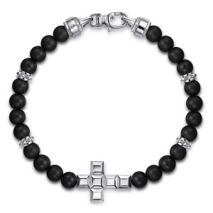 Gabriel & Co. TBM2135SVJOM sterling silver Geo men's beaded bracelet, top view of the full strand with a lobster clasp, cylindrical end caps and a block cross