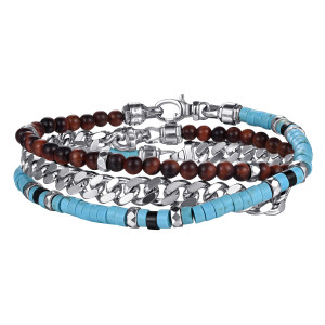 Gabriel & Co. TBM2136SVJMC sterling silver Contemporary men's beaded wrap bracelet, front view of three sections wrapped together, red brown beads, light blue discs and a link chain