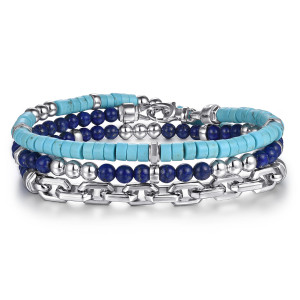 Gabriel & Co. TBM2137SVJMC sterling silver Contemporary men's beaded wrap bracelet, front view of the wrap in three layers with angular chain links in the lowest layer