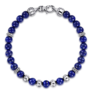 Gabriel & Co. TBM2150SVJLP sterling silver Bujukan men's beaded bracelet, front view of the full round strand with hammered beads low and spacers near the sides