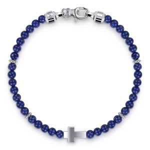 Gabriel & Co. TBM2152-7SVJLP sterling silver Bujukan men's cross bracelet, front view of the deep blue bead strand with the cross at the bottom and the clasp above