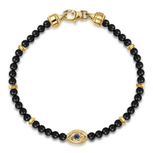 Gabriel & Co. TBM2154Y4JMC 14 karat yellow gold Bujukan men's beaded bracelet, top view of the full strand with a central eye plaque and a lobster clasp at the closure