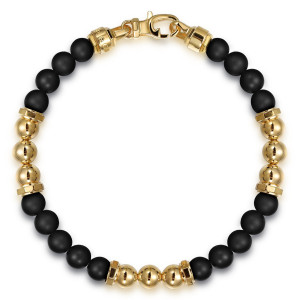 Gabriel & Co. TBM2162-75Y4JOM 14 karat yellow gold Bujukan men's beaded station bracelet, top view of the full strand showing a lobster clasp and cylindrical end caps