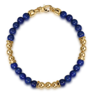 Gabriel & Co. TBM2162Y4JLP 14 karat yellow gold Bujukan men's beaded station bracelet, front view of the full round strand with plain polished beads grouped between flat spacer discs
