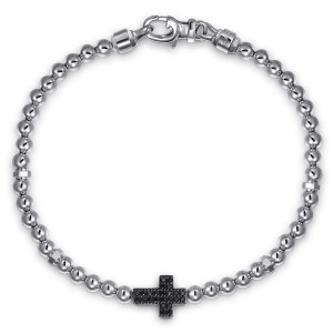 Gabriel & Co. TBM2164SVJBS sterling silver Bujukan men's beaded bracelet, top view of the full bracelet laid open, showing the lobster clasp and barrel end caps