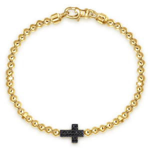 Gabriel & Co. TBM2164Y4JBS 14 karat yellow gold Bujukan men's bracelet, front view of round polished beads with a centered black stone cross and a lobster clasp