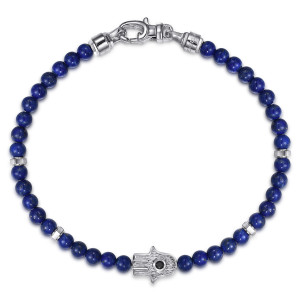 Gabriel & Co. TBM2166SVJMC sterling silver Bujukan men's bracelet, top view of the blue bead strand with the hamsa, flat spacers and lobster clasp