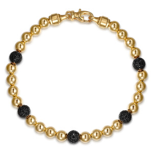 Gabriel & Co. TBM2180Y4JBD 14 karat yellow gold Bujukan men's bracelet, top view of the full bead strand with black pavé spheres and a lobster clasp