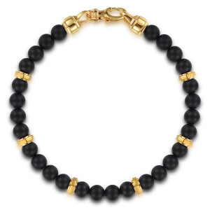 Gabriel & Co. TBM2194TIY4JJJ 14 karat yellow gold Bujukan men's bracelet, top view of the round bead strand with spacer rings and a lobster clasp at the top