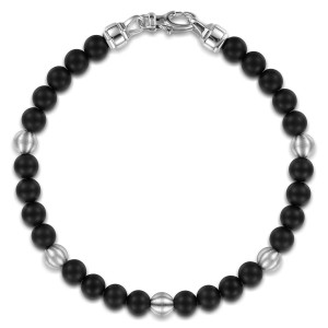 Gabriel & Co. TBM2214TISVJJJ sterling silver Bujukan men's beaded bracelet, front view of the full strand with grooved accent beads and a clasp at the top
