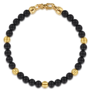 Gabriel & Co. TBM2214TIY4JJJ 14 karat yellow gold Bujukan men's beaded bracelet, top view of the full bead circle with fluted beads spaced around and a clasp at the top
