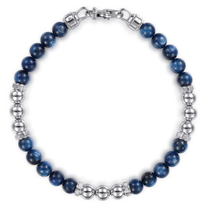 Gabriel & Co. TBM2241SVJKY sterling silver Bujukan men's bracelet, top view of the full loop with streaky blue beads, polished round runs and end caps
