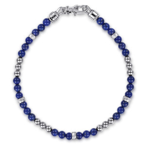 Gabriel & Co. TBM2250SVJLP sterling silver Bujukan men's bracelet, front view of deep blue beads, runs of smooth metal beads, faceted spacers and a lobster clasp