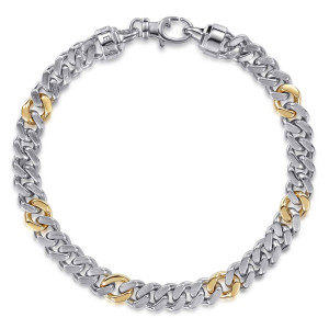 Gabriel & Co. TBM2252-7MZJJJ sterling silver and 14 karat yellow gold Contemporary men's bracelet, top view of the full chain with satin links and polished warmer links spaced around it