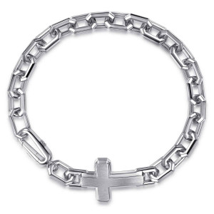 Gabriel & Co. TBM2253-7SVJJJ sterling silver Facets men's chain bracelet, top view of the closed circle with the brushed cross sitting low and an oval clasp beside it