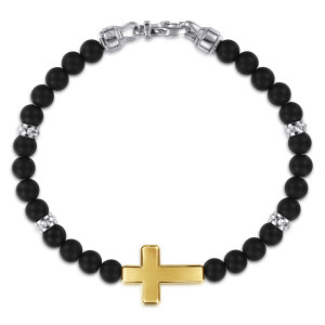 Gabriel & Co. TBM2254TIMZJJJ sterling silver and 14 karat yellow gold Bujukan men's beaded bracelet, front view of the whole strand with the cross low in the loop and a clasp above